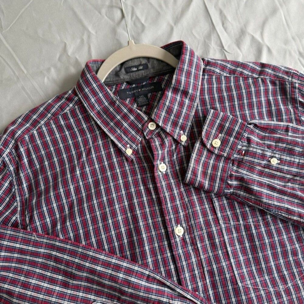 Tommy Hilfiger Slim Fit Men's Large Button Down Long Sleeve Shirt Red White Blue